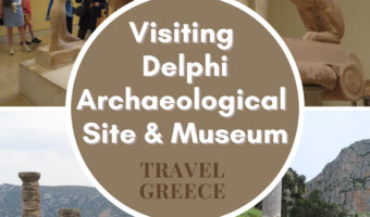 Pin image for TimeTravelTrek.com post. Four image of museum artifacts and archaeological ruins. Text in centre reads: Visiting Delphi Archaeological Site & Museum.