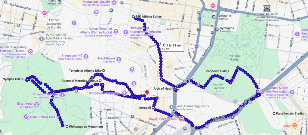 Google map of Athens' Monastiraki historic area with route of walking tour to sites.
