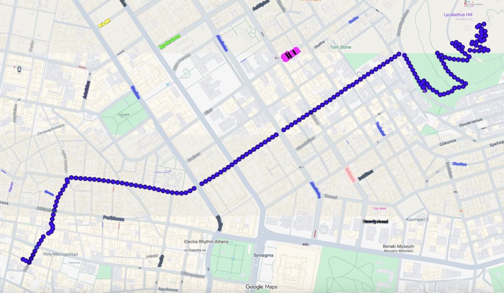 Google map of walking route ending in a zigzag walk.