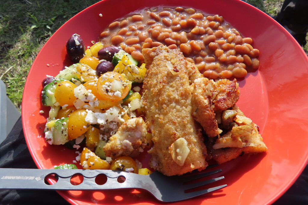 Orange plate with salad, beans and fried fish.