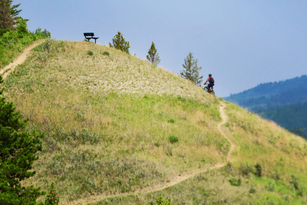 Distant photo of man cycling up a grassy ridge.