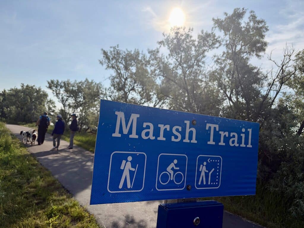 Three women walking on paved trail in distance behind blue sign with white lettering reading: Marsh Trail.